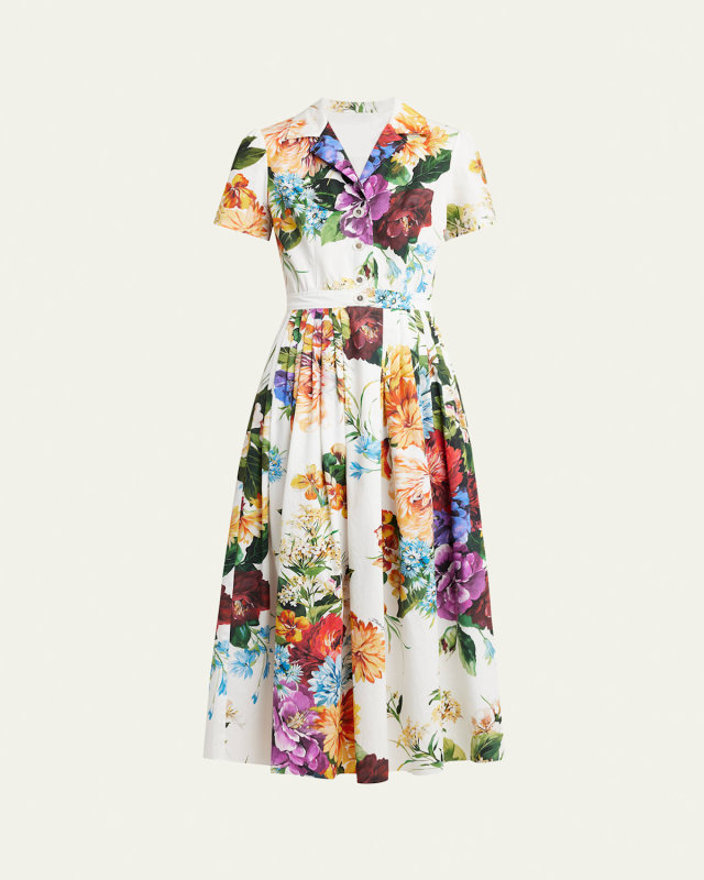Bouquet Floral Poplin Short-Sleeve Midi Shirtdress